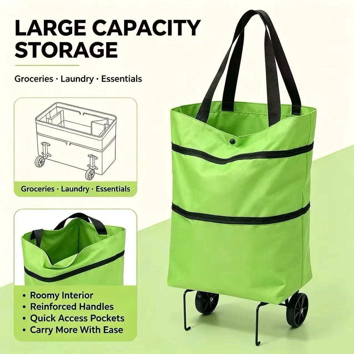 Foldable Rolling Shopping Cart with Wheels & Shoulder Bag