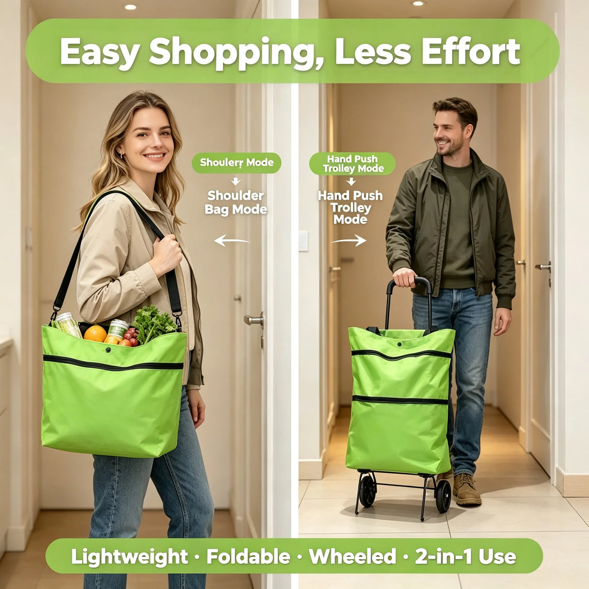 Foldable Rolling Shopping Cart with Wheels & Shoulder Bag